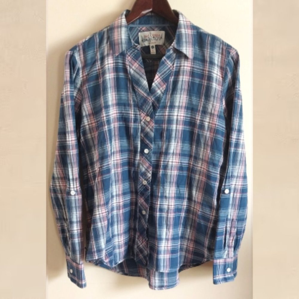 Girl Krazy Flannel Shirt Blue Pink Comfy Cottage Travel Trendy Vacation Coquette